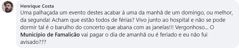 PPrint de um comentário feito no perfil do Município de Famalicão no Facebook