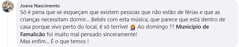 Print de um comentário feito no perfil do Município de Famalicão no Facebook