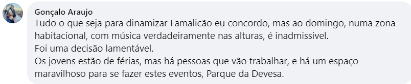 Pprint de um comentário feito no perfil do Município de Famalicão no Facebook