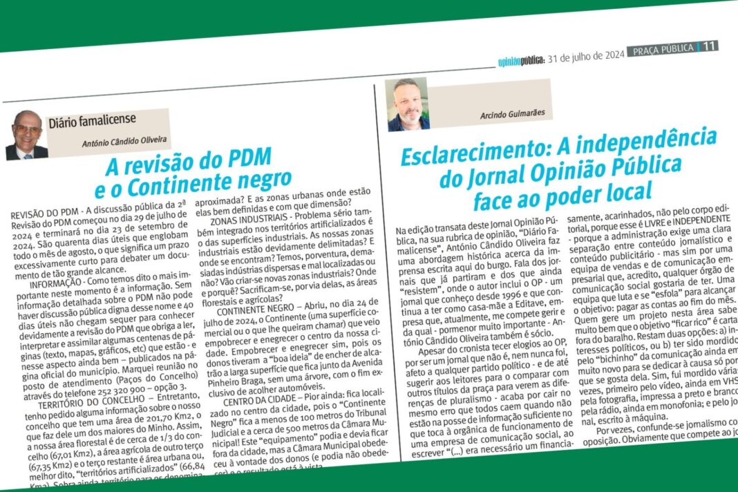 imagem de 2 artigos de opinião do jornal Opinião Pública