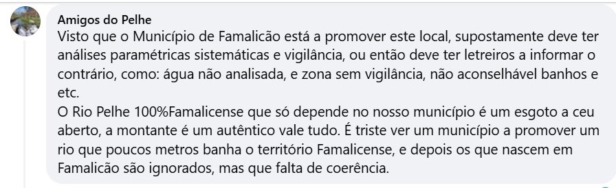 Imagem de um comentário dos Amigos do Pelhe a uma publicação do Município de Famalicão no Facebook.