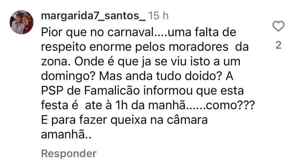 comentário no Instagram do Município de Famalicão