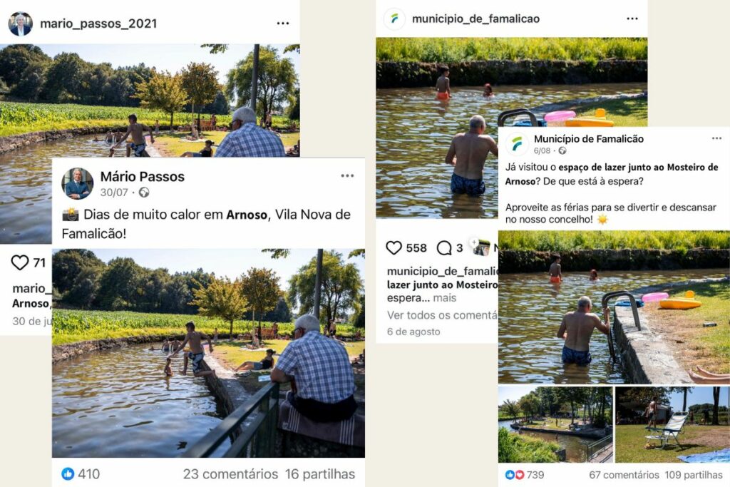 print com imagens das publicações do presidente da Câmara e do Município de Famalicão a promover a praia fluvial de Arnoso