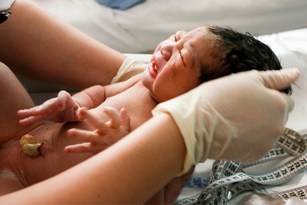 bebé recém-nascido nas mãos de um profissional de saúde